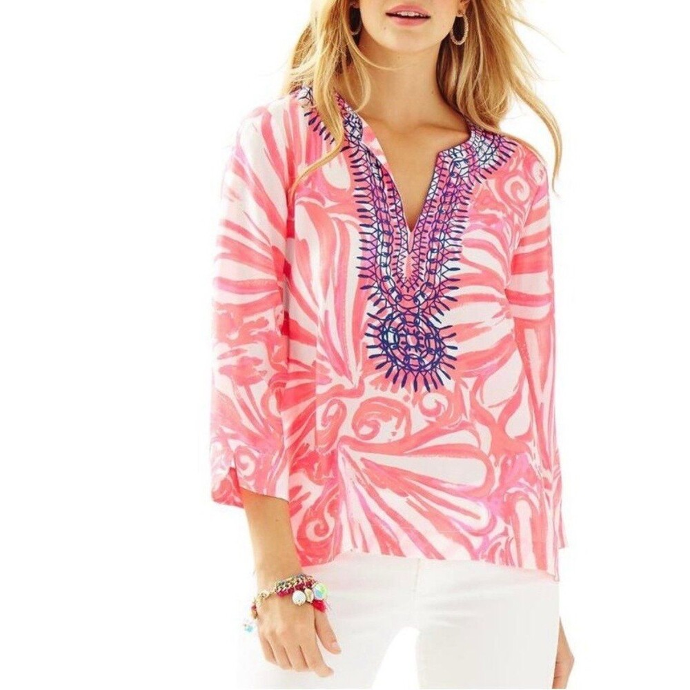 Lilly Pulitzer Amelia Island 100% Silk Tunic Blouse 3/4 sleeves Small